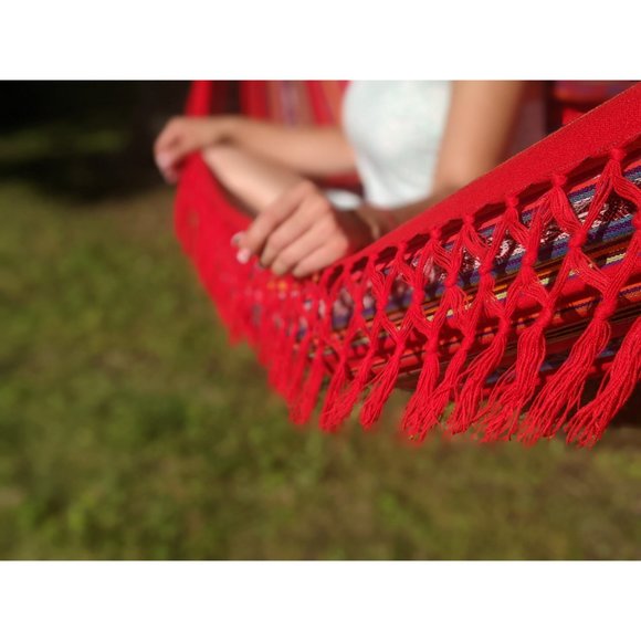 Double Red Boho Hammock Handwoven| Summer Hammock | Double Sided Colorful Hammoc - Picture 2 of 4